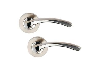 Dale ARC Lever on Rose with privacy and latch set in satin nickel and polished chrome.
